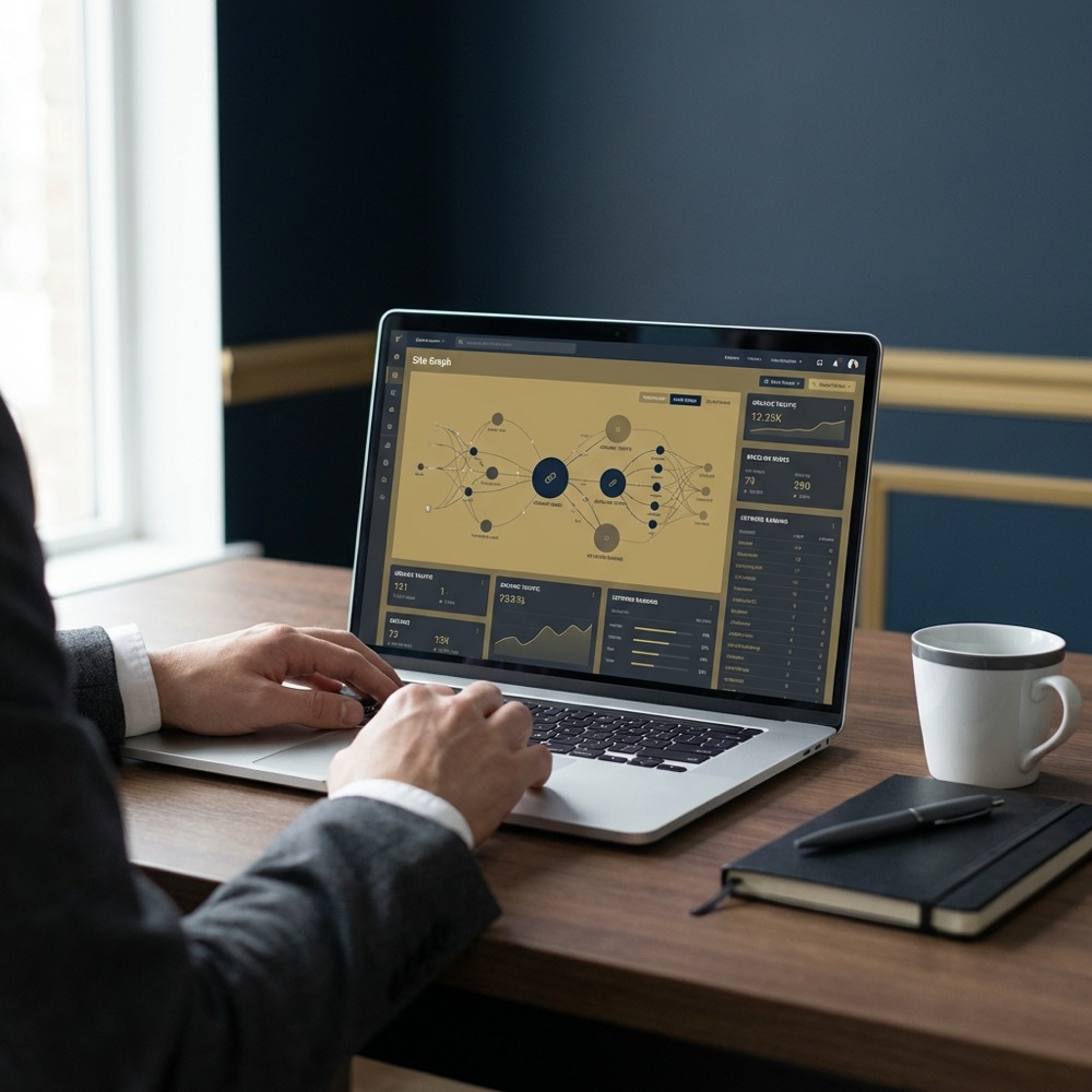 Person analyzing a site graph on a laptop showing seo page rank metrics in a minimalist navy workspace with muted gold accents