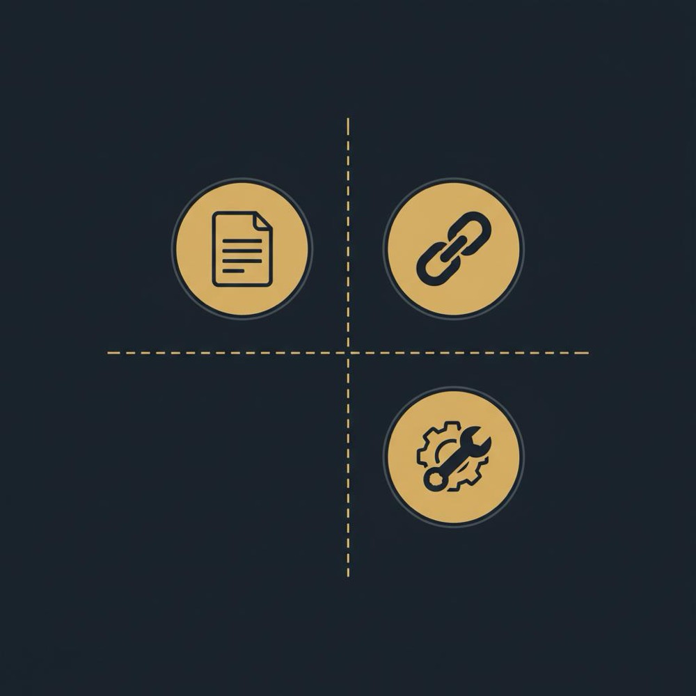 Ahrefs tutorial impact vs effort matrix infographic with vector icons for content, backlinks, and technical fixes in Orvus Ltd brand colors.