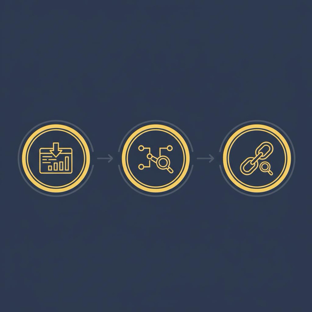 Minimal vector infographic showing a three-step SEO process with export, crawl and backlinks icons on dark blue background using Orvus Ltd. palette - best free SEO tool