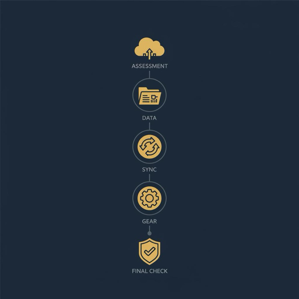 Minimalist 2D vector migration checklist infographic with five step icons on dark navy background using Orvus Ltd palette google sites seo