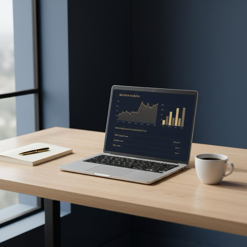 Minimalist workspace with laptop showing backlink analytics dashboard (graphs and referring domains list) in Orvus Ltd. colors - how many backlinks do I need for SEO