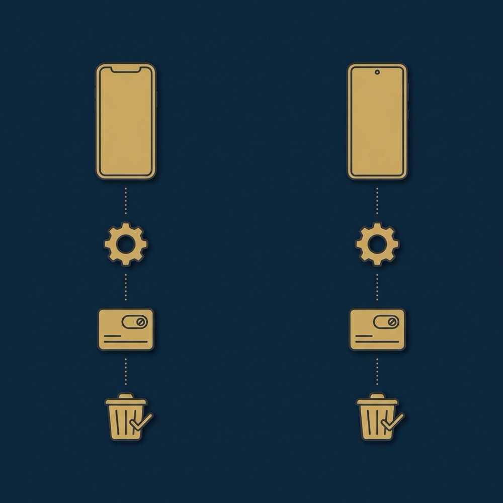 Minimal 2D vector infographic showing step icons to cancel subscriptions on iOS and Android with device icons and Orvus Ltd brand colors ahrefs com