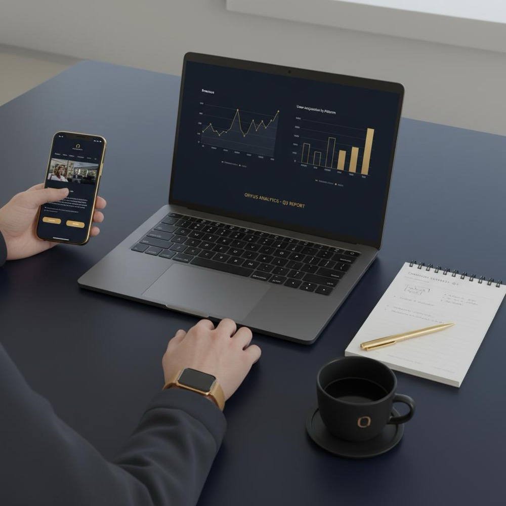 Minimalist workspace with laptop showing performance charts and smartphone previewing a site, hands interacting with screens - how to raise Google search ranking