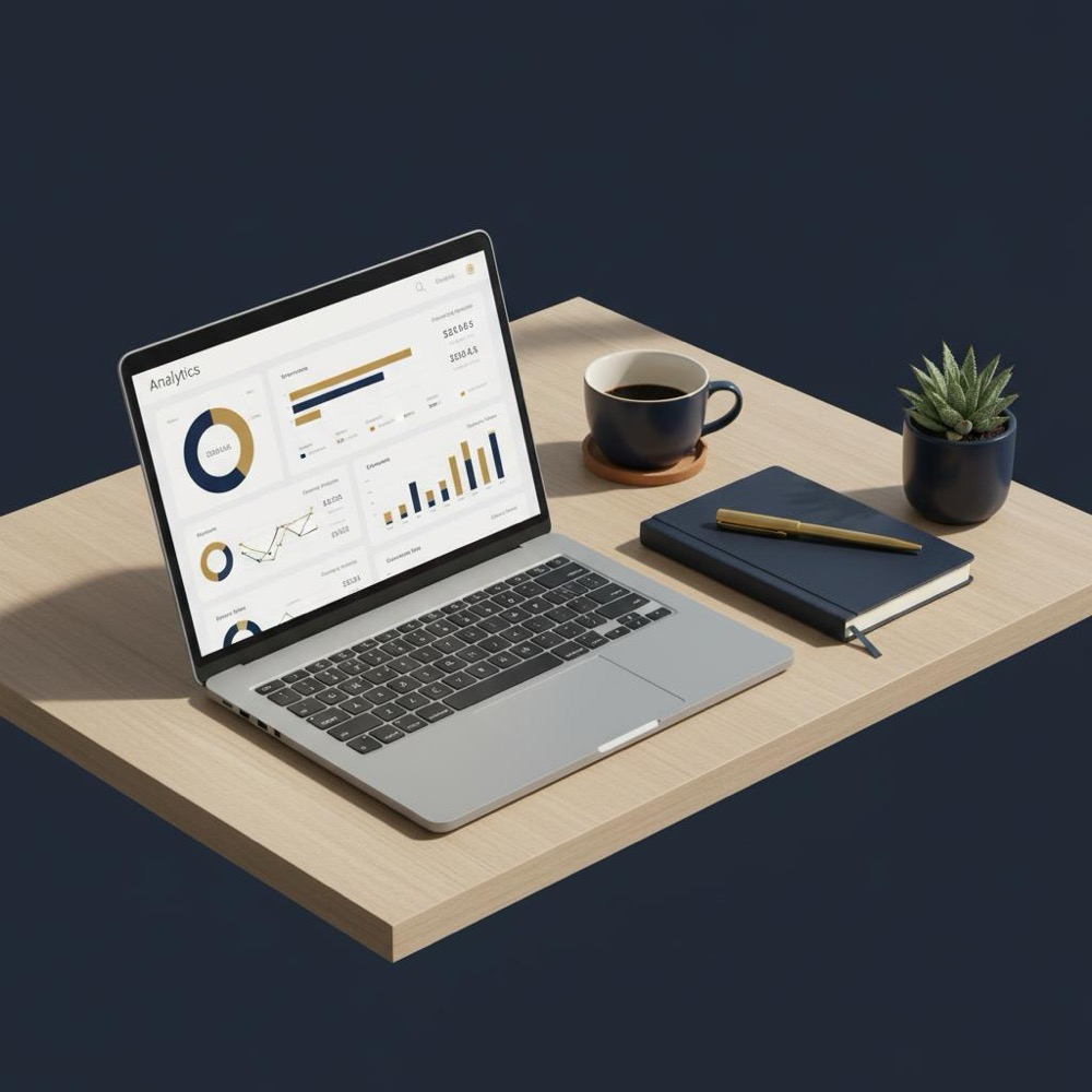 Minimalist desk with laptop showing a clean analytics dashboard, notebook and coffee cup on Orvus navy background - semrush for small businesses