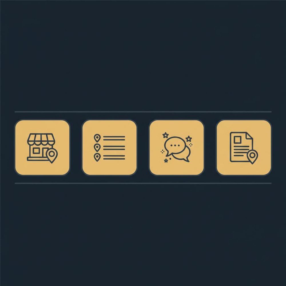 Minimal 2D vector infographic showing a 4-icon local SEO services checklist: business profile, citations, reviews, and local content on a dark blue background.