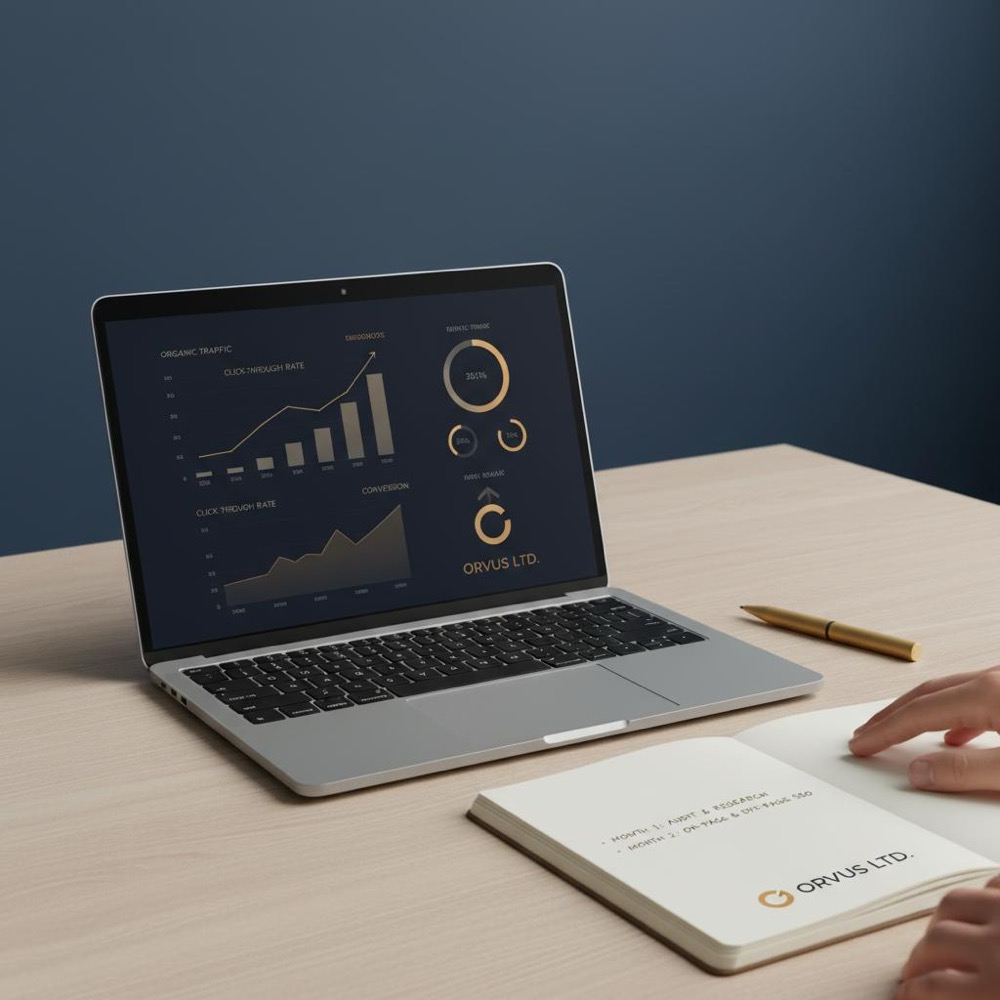 Tidy minimalist workspace with laptop showing analytics dashboard and notepad for a 3 month SEO plan, deep navy #0B1E33 background and gold #C8A45D accents.