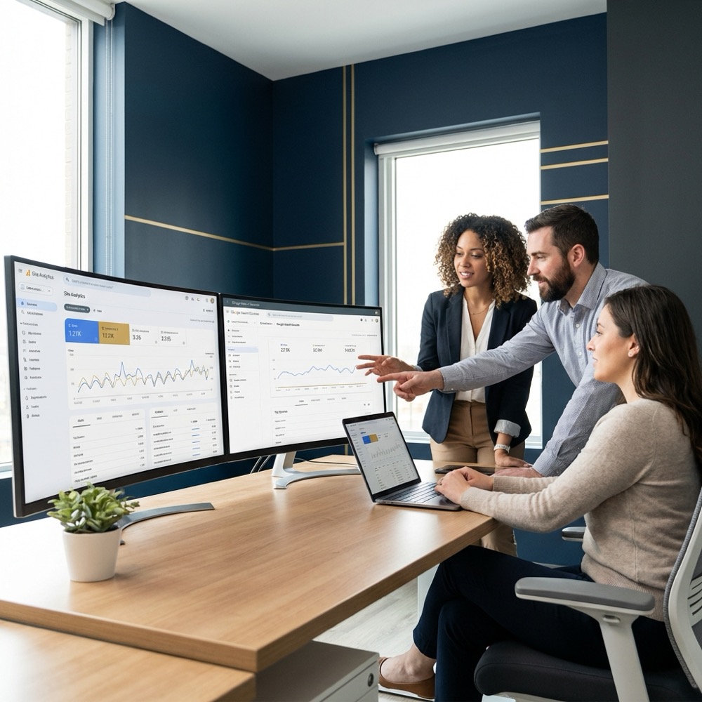 Small team analyzing site analytics and Google Search Console dashboards for google search engine optimization in a minimalist navy branded workspace with clean layout and focused screens