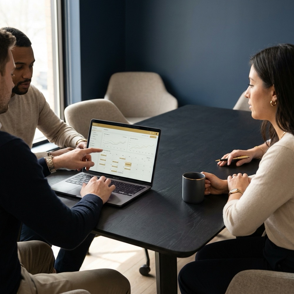 Small team reviewing content calendar and analytics on a laptop in a minimalist Orvus Ltd office with deep navy background and gold accents seo packages