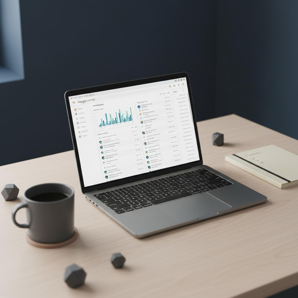 Minimalist workspace with laptop showing Google Search Console, notebook checklist and coffee mug, color-graded to Orvus Ltd. palette for entry-level SEO.