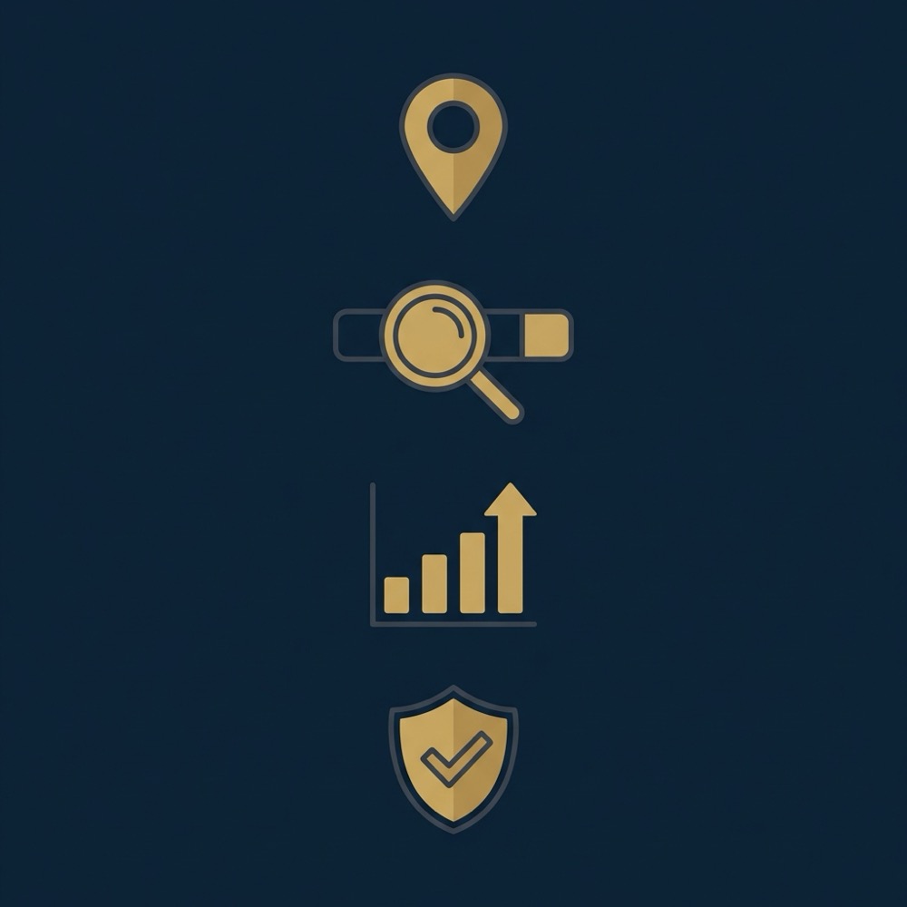 Minimal 2D vector infographic with location pin magnifying glass rising chart and trust shield icons in Orvus Ltd colors for seo company near me