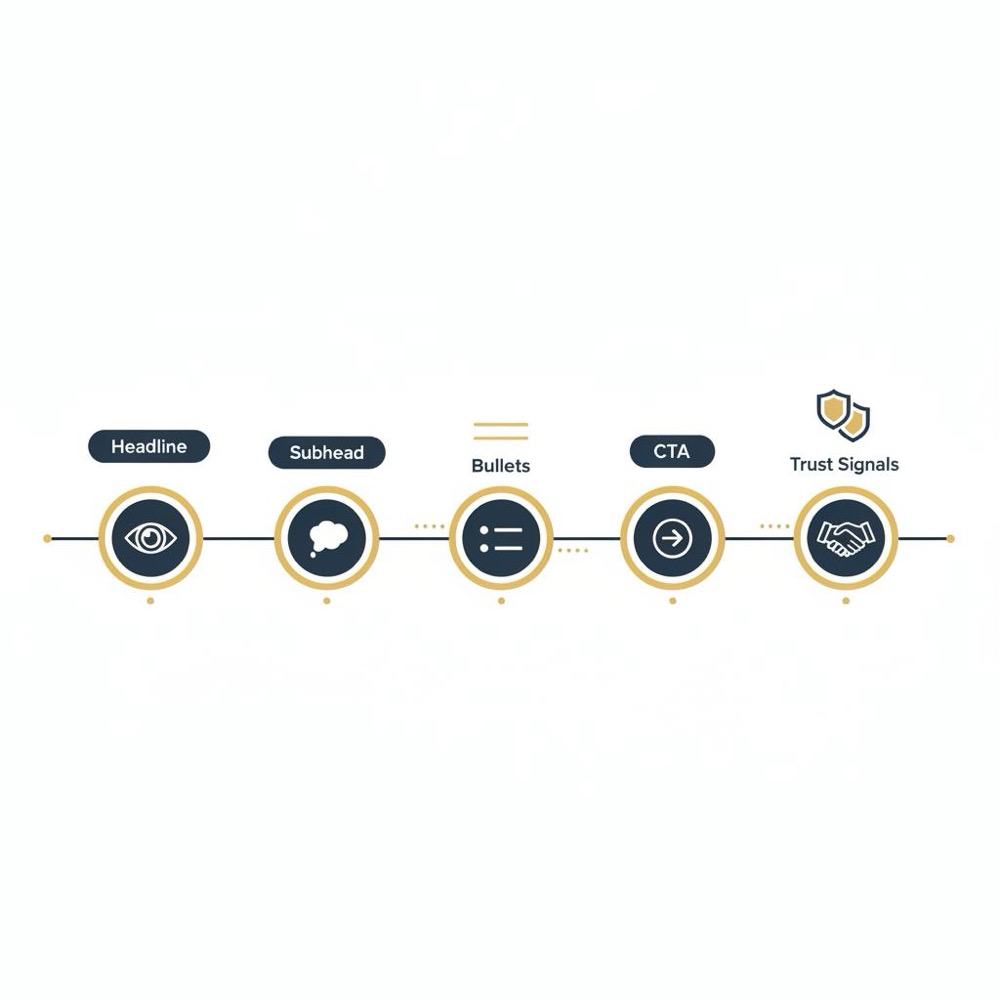 Minimal 2D vector touchpoint map illustrating five copy elements for 80/20 rule copywriting, using Orvus Ltd. brand colors (#0B1E33 background, #C8A45D accents, #2E3237 icons).
