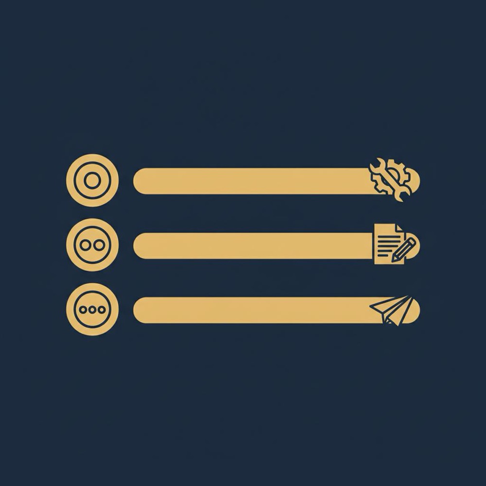 Minimal 2D vector infographic timeline for SEO competitor analysis showing three horizontal bars with icons for technical fixes, content rewrites, and outreach.