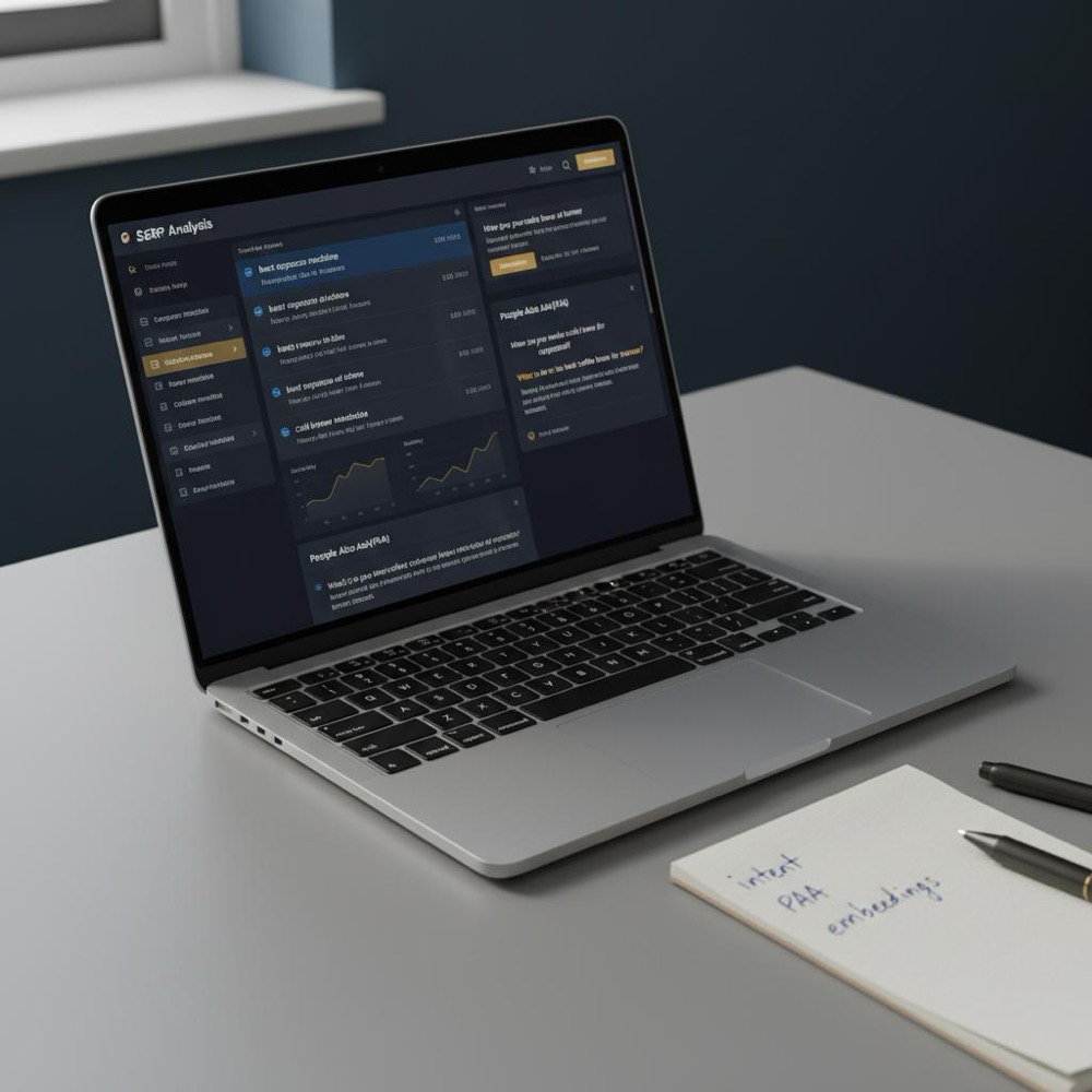 Close-up modern desk with laptop showing a SERP analysis and a notepad labeled 'intent, PAA, embeddings' in Orvus Ltd. palette (deep navy, gold, gray), minimalist composition, lsi keywords.