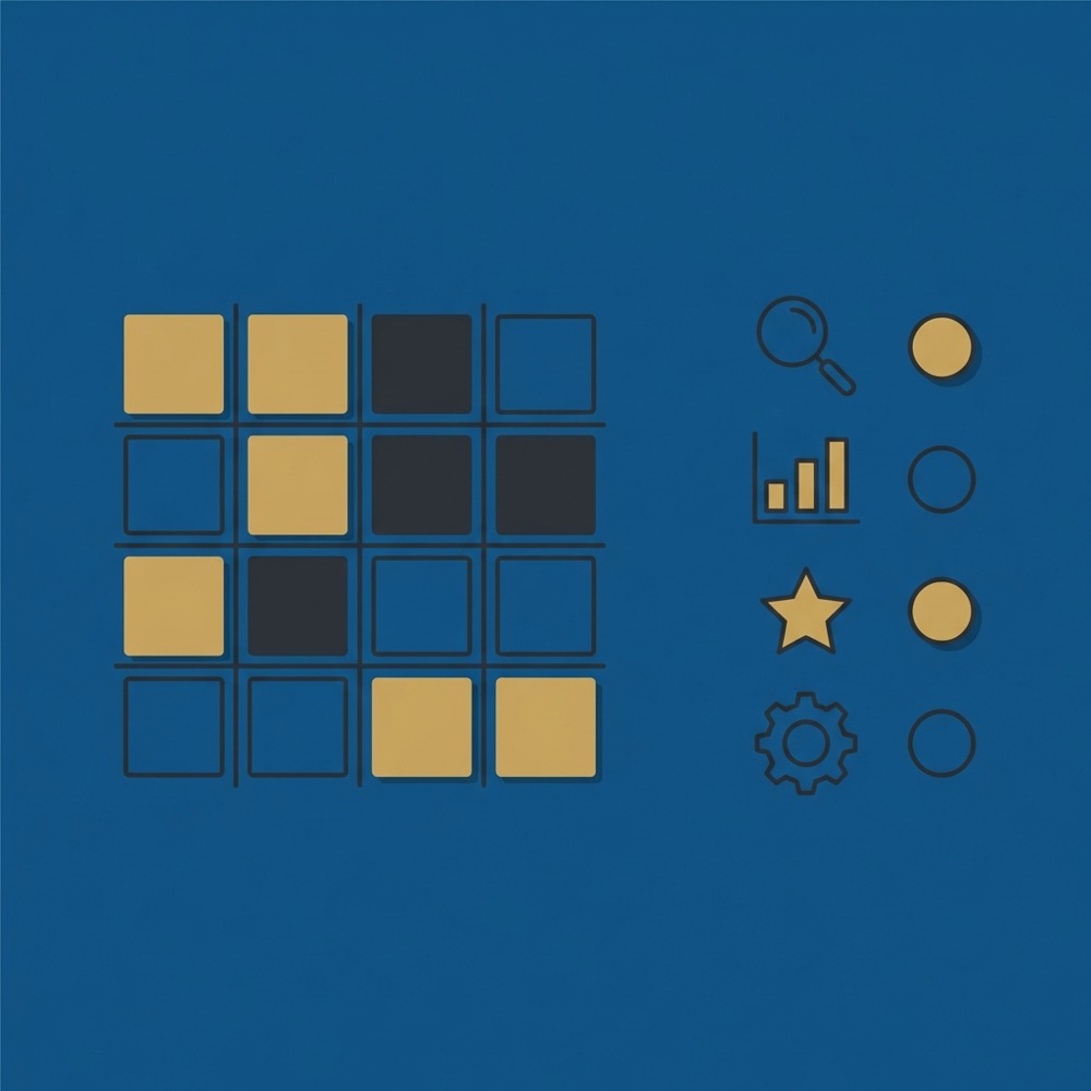 seoquake minimalist 2D vector infographic showing a scoring matrix grid and a checklist with simple icons in Orvus Ltd brand colors dark navy background C8A45D accents 2E3237