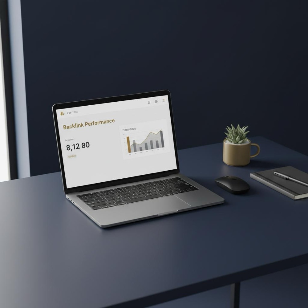 Minimalist desk with laptop showing backlink analytics dashboard and an embeddable chart, dark navy background and muted gold accents