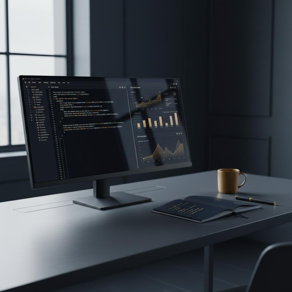 Minimalist tidy workspace with code and analytics dashboards on a monitor, notebook showing a pilot checklist, brand-accented objects in #C8A45D and #0B1E33 - best at seo