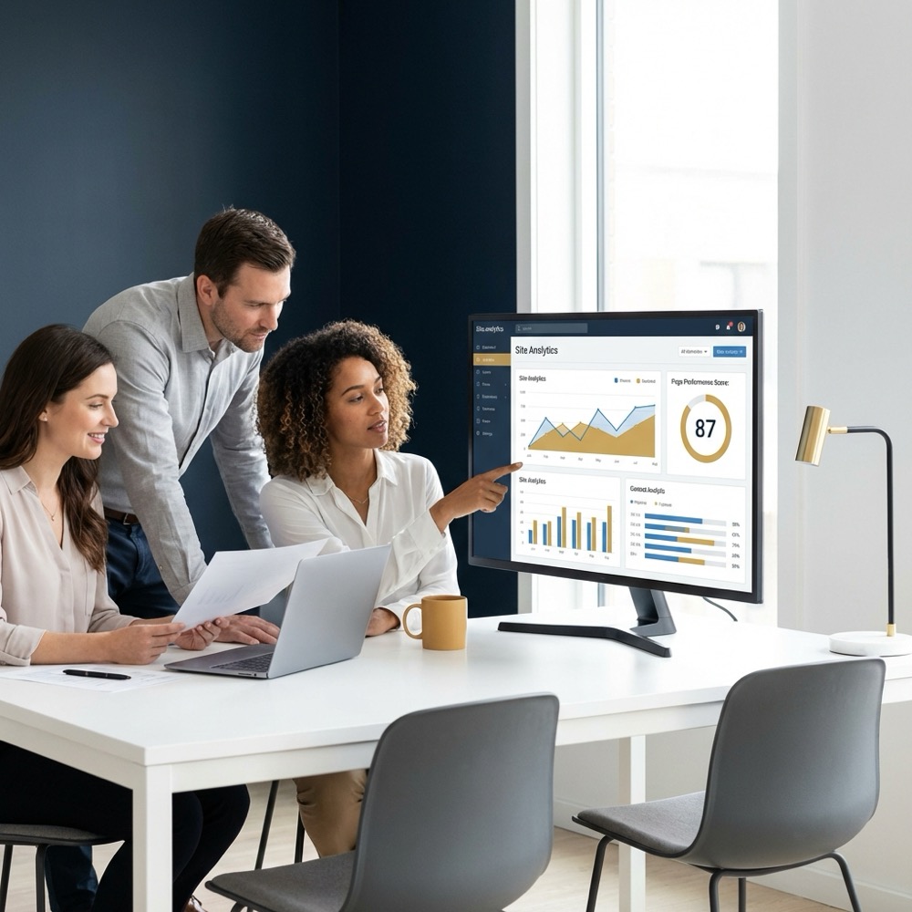 Small team reviewing site analytics and page performance report on monitor in a minimalist office with brand colors website seo optimization