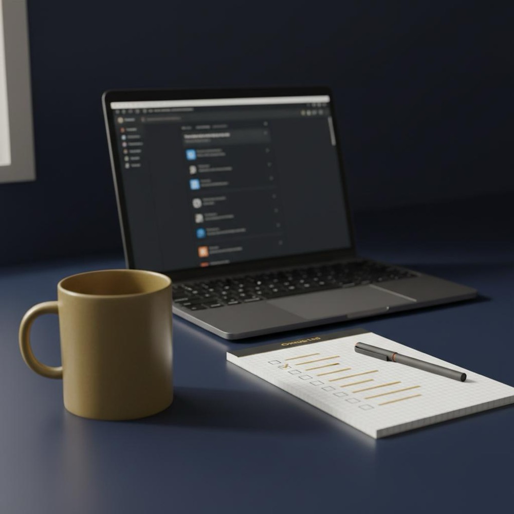 Minimalist desktop with laptop showing blurred WordPress admin, checklist notebook and #C8A45D coffee cup on navy background in natural light, shallow depth of field - free WordPress SEO