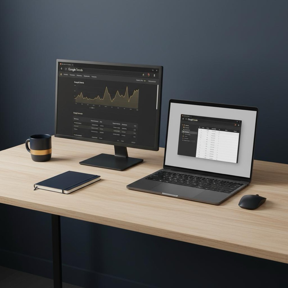 Photorealistic minimalist desktop showing a monitor with Google Trends charts and an exported CSV spreadsheet on screen, Orvus Ltd brand colors present - most googled person worldwide