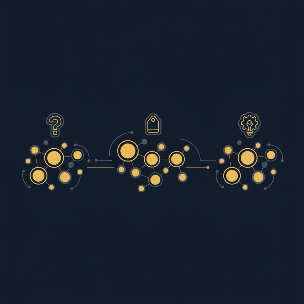 Minimal 2D vector infographic of semantic vector clusters with connecting lines and icons for questions, products, and how-to on a dark navy background illustrating how do I find LSI keywords