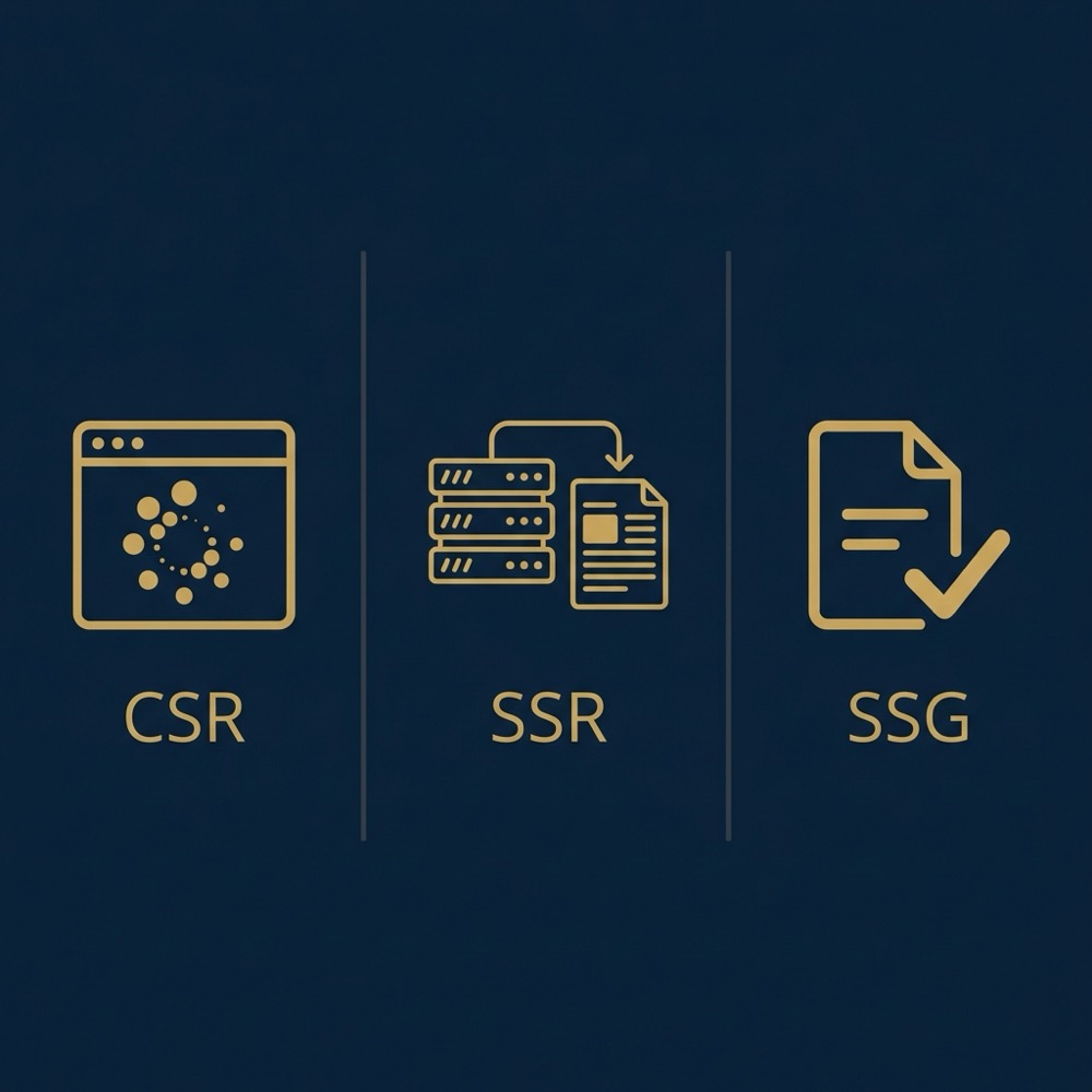 Minimal 2D vector infographic comparing CSR SSR and SSG for spa seo three icons with short labels on dark blue background 0B1E33 and secondary gold C8A45D