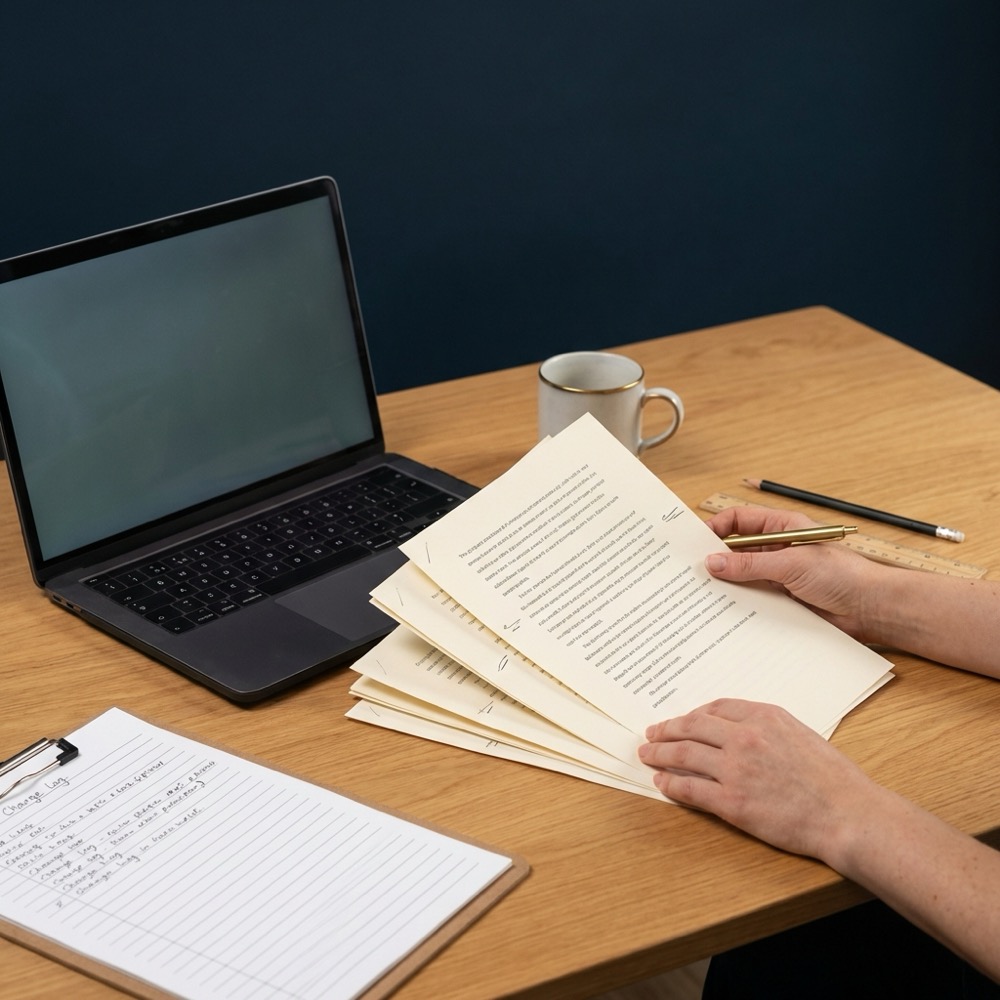 Editor reviewing printed drafts at a tidy desk with laptop and change log rewrite in a minimalist navy branded setting with subtle C8A45D accents
