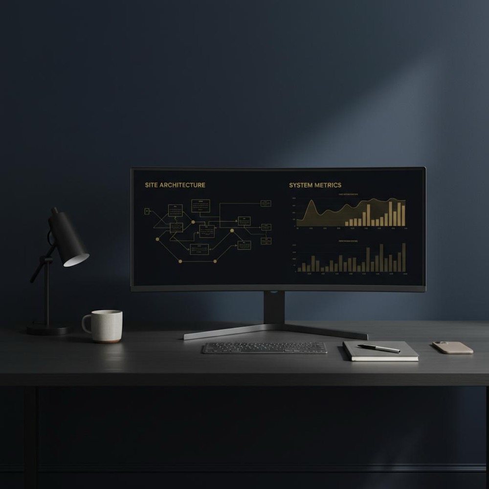 Minimalist developer workspace with monitor displaying a site map and performance chart, keyboard and notebook in Orvus Ltd. colors, illustrating professional SEO services.