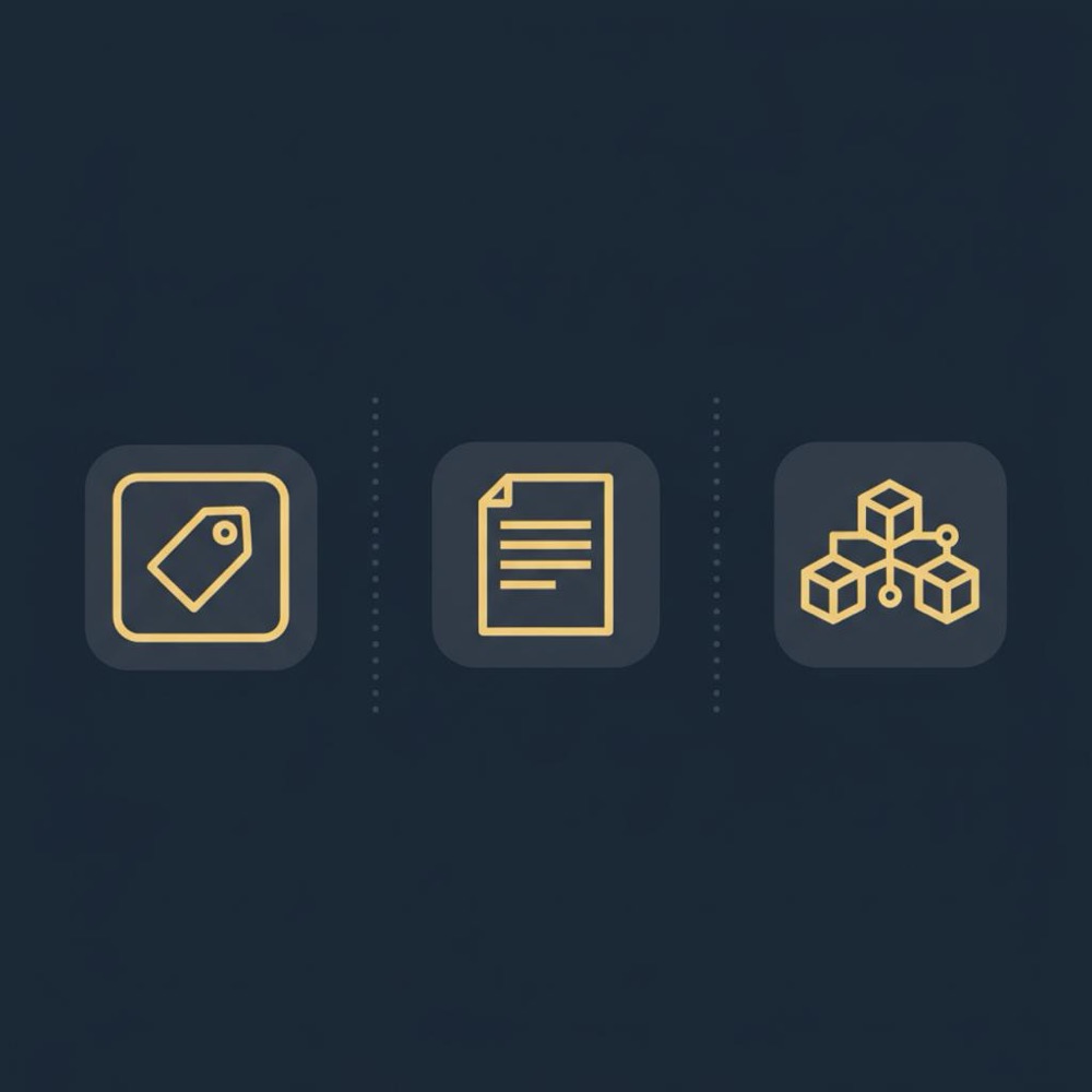Minimal 2D vector infographic with three icon columns for title tags, meta descriptions, and structured data illustrating meta keywords on a dark blue background with gold and slate accents