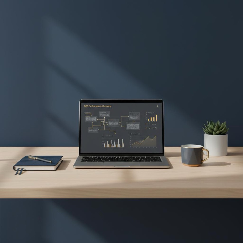 Tidy minimalist workspace with laptop showing a sitemap and SEO charts, brand accents in #C8A45D on a #0B1E33 background - visual for article what is SEO and how does it work?