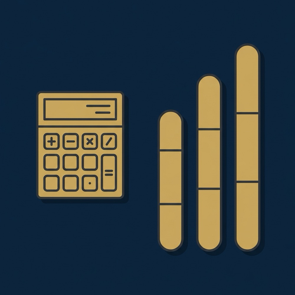 Minimal 2D vector infographic of a calculator and three site count columns illustrating per site cost modeling in rankmath seo color palette