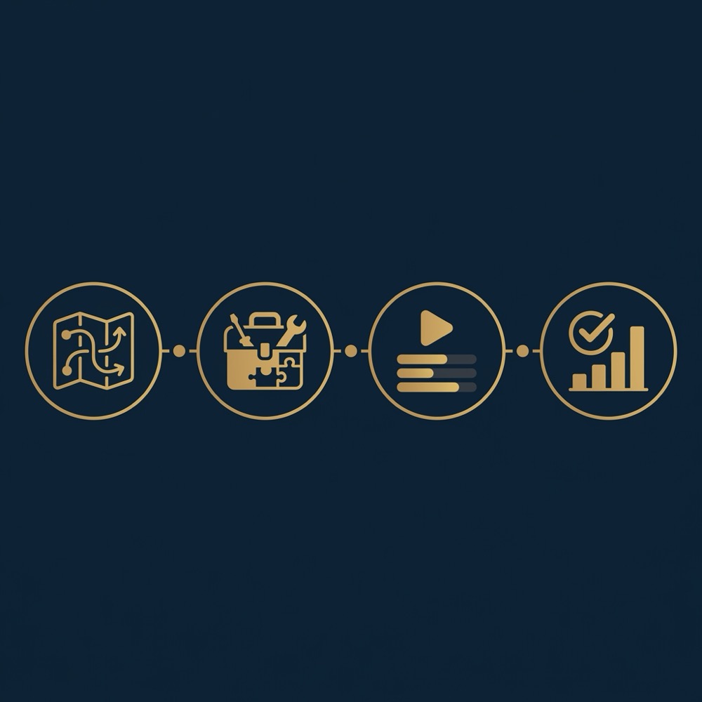 Minimal 2D vector infographic showing a mozrank pilot plan in four steps map workflows pick tools run pilot validate outcomes on deep blue background