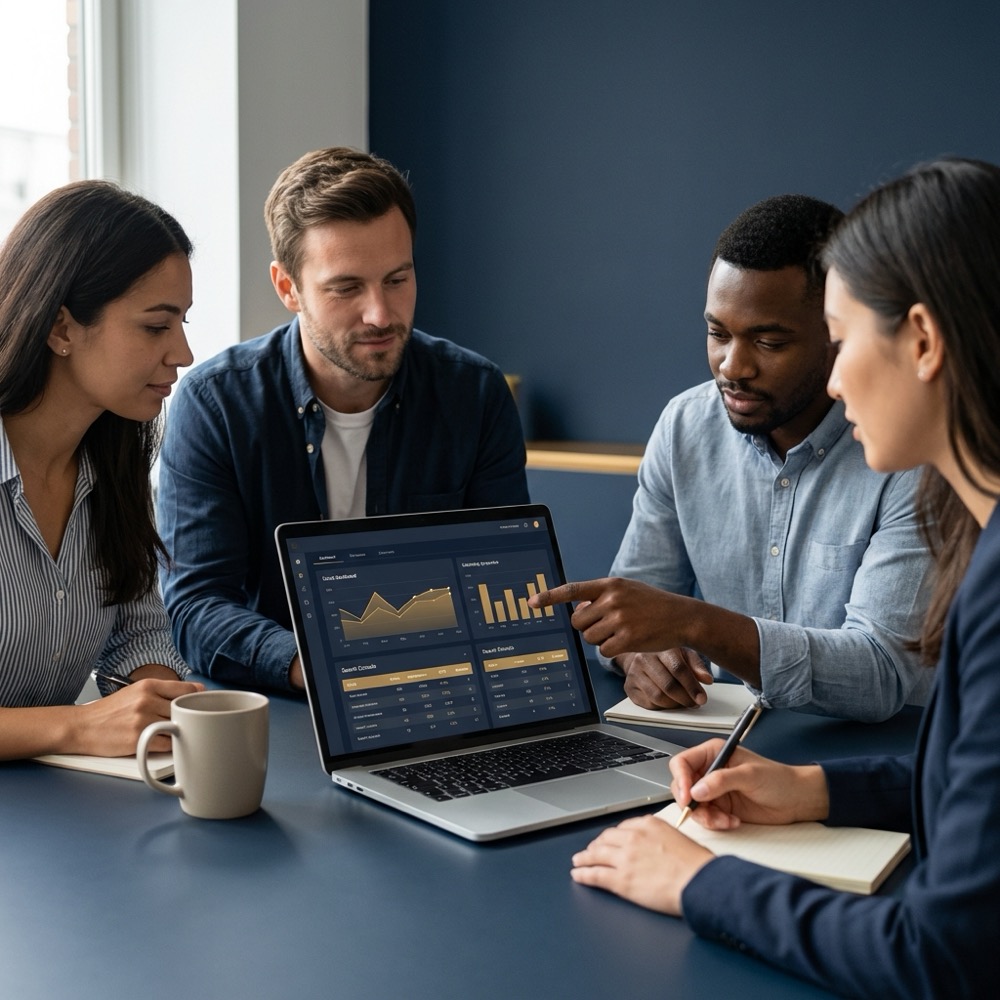 Small marketing team reviewing laptop dashboards with charts and Search Console output to improve seo in a minimalist Orvus Ltd style workspace with deep navy background 0B1E33 and gold accents C8A45D