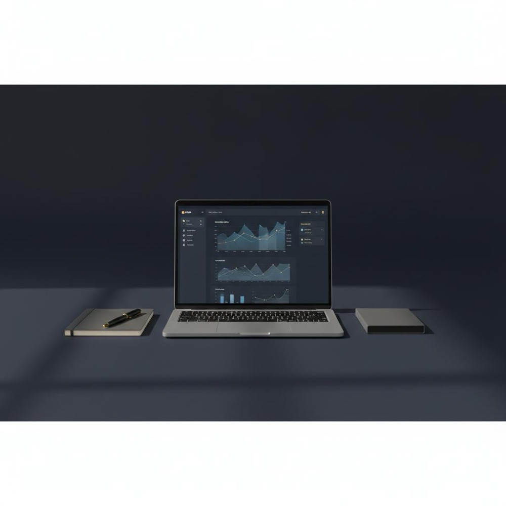Minimalist workspace with laptop displaying SEO analytics, notebook and coffee cup on dark navy background - scene for self-taught SEO learning.