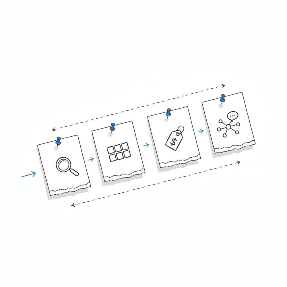Minimal 2D vector workspace of sequential index cards with icons for discover, portfolio, sell, community, representing a workflow for replacing Instagram for artists.