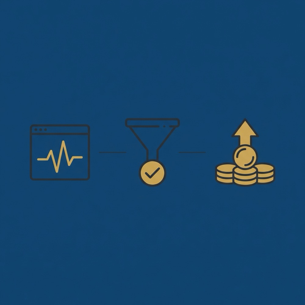 Minimal 2D vector infographic for organic seo company showing three icons for sessions conversions and revenue on dark blue background 0B1E33 with gold accents C8A45D