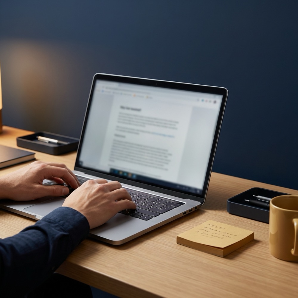 Marketer editing short headline drafts on a laptop with sticky notes nearby in a minimalist navy and gold workspace focused on writing a hook