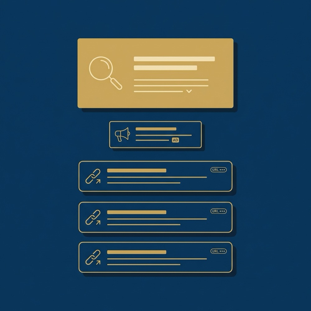 Minimal vector infographic of a search engine results page highlighting organic search listings a featured snippet and an ad slot in Orvus Ltd brand colors