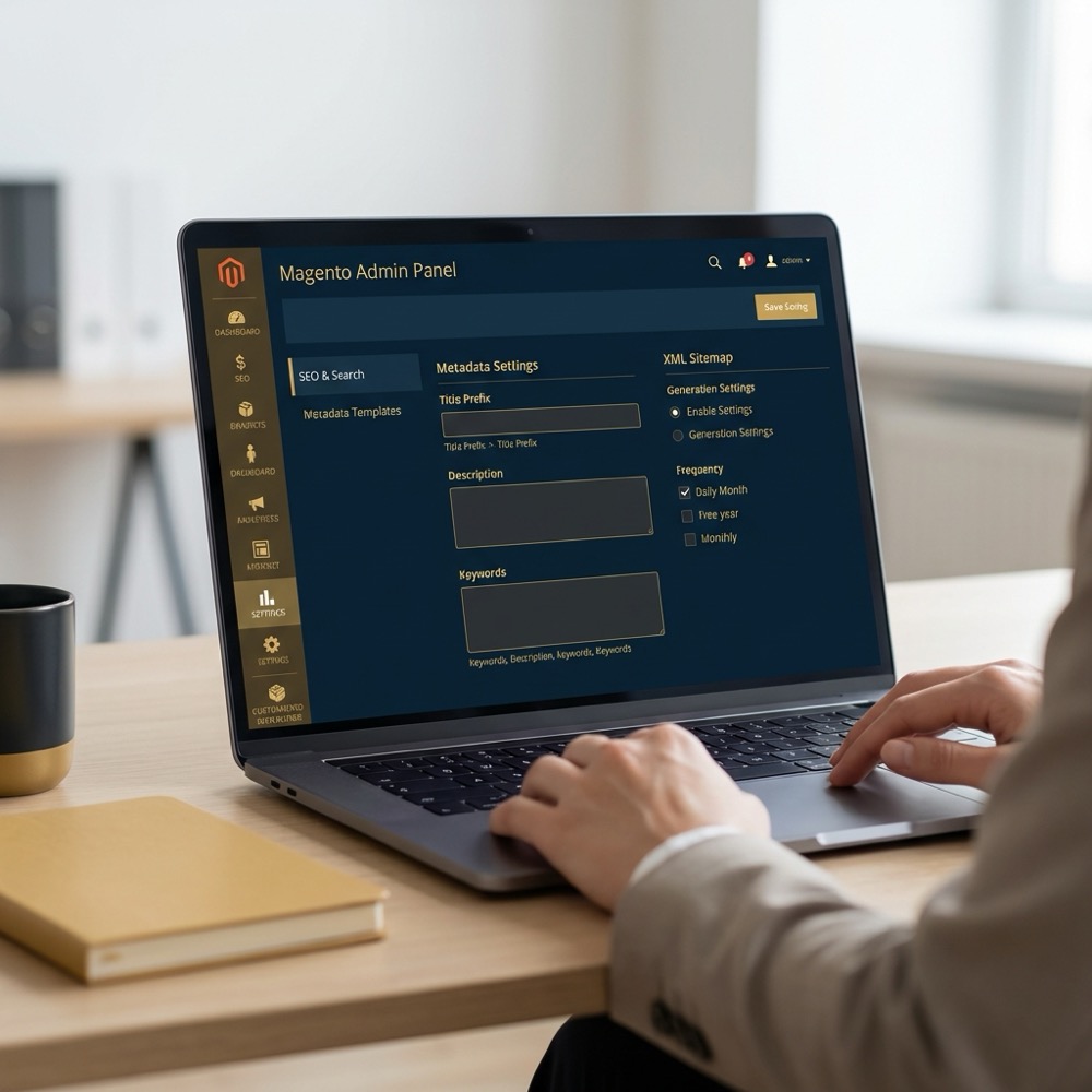 Developer reviewing Magento admin SEO settings showing metadata templates and sitemap options on a laptop screen in navy and warm gold brand colors magento seo
