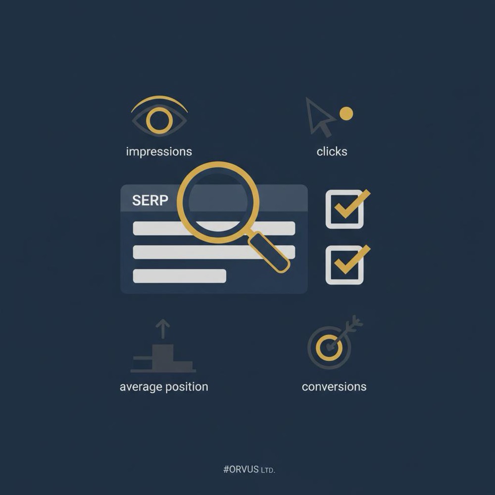 Minimal vector infographic showing a checklist and magnifying glass over a SERP mockup with icons for impressions, clicks, position and conversions - check SEO ranking