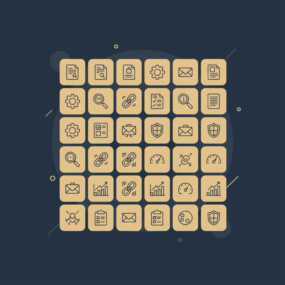 Minimal 2D vector 30-day checklist infographic with a 5x6 grid of clean SEO icons on a dark #0B1E33 background, clear hierarchy and brand colors - what are the 4 pillars of SEO?