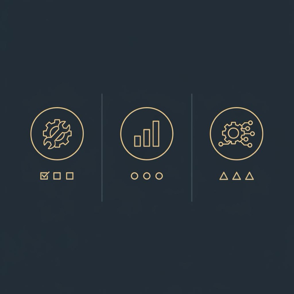 Minimal 2D vector infographic comparing manual, competitor, and automated methods using three icon columns in Orvus Ltd. brand colors, meta keywords