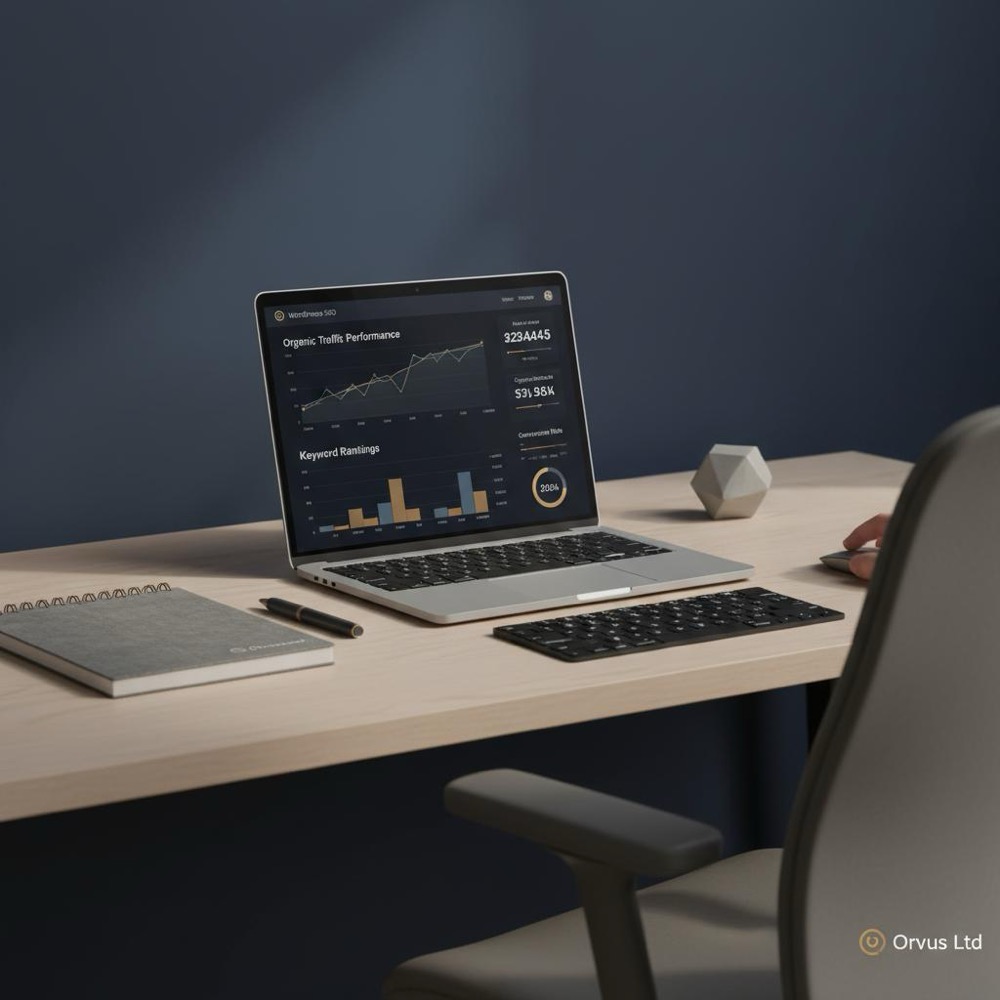 Minimalist workspace with laptop displaying a WordPress SEO dashboard and performance report, muted gold accents (#C8A45D) and deep navy background (#0B1E33).