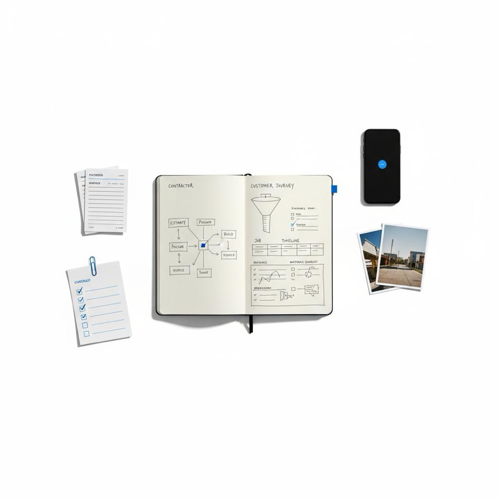 Top-down organized contractor desk with open notebook of hand-drawn workflow sketches, invoices, smartphone with notification badge, matte job photos, ticked checklist and blue sticky tab - HomeAdvisor free for contractors
