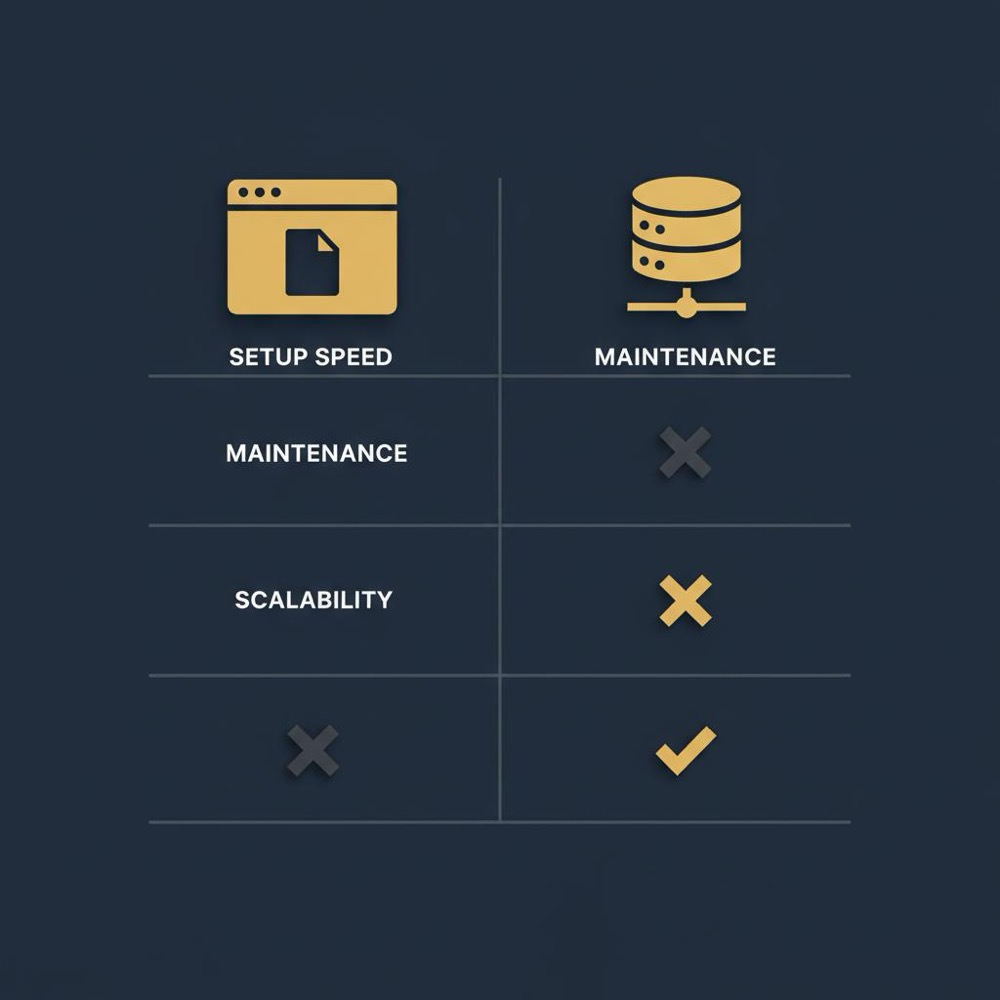 Minimal 2D vector decision matrix comparing Google Sites and CMS with icons for simple projects versus scalable CMS using brand colors google sites seo