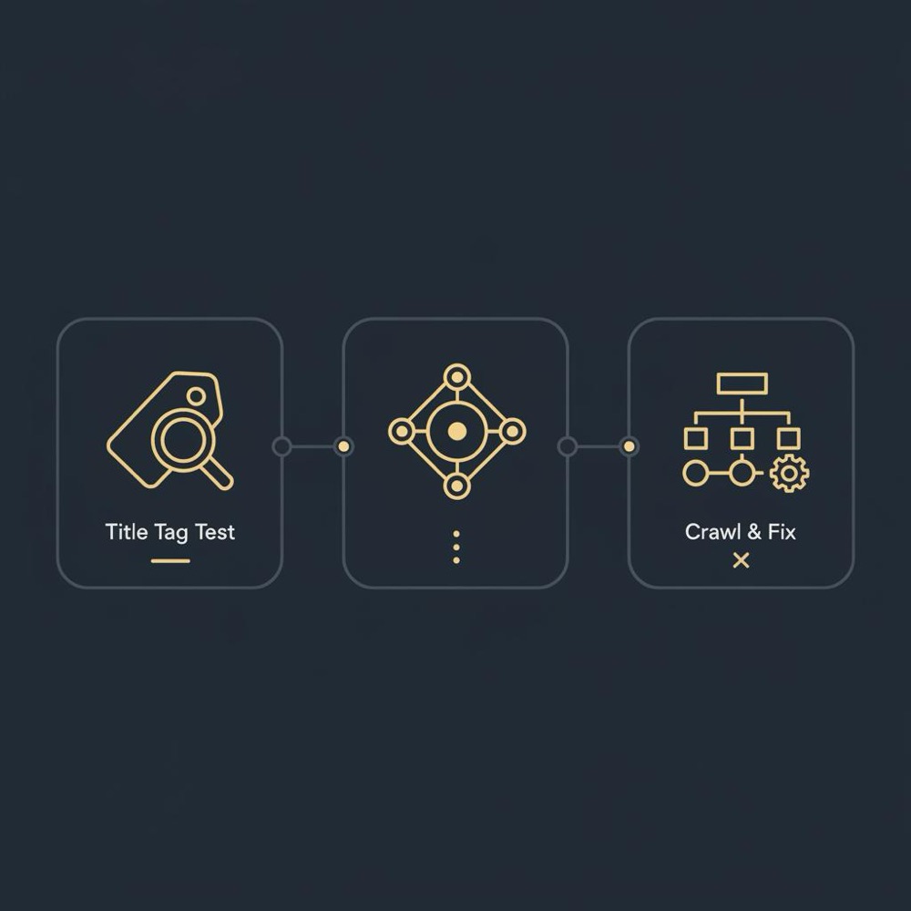 Minimal 2D vector infographic in Orvus Ltd palette with three icons representing Title Tag Test, Content Cluster, and Crawl &amp; Fix for experiments - visual aid for is SEO a hard job