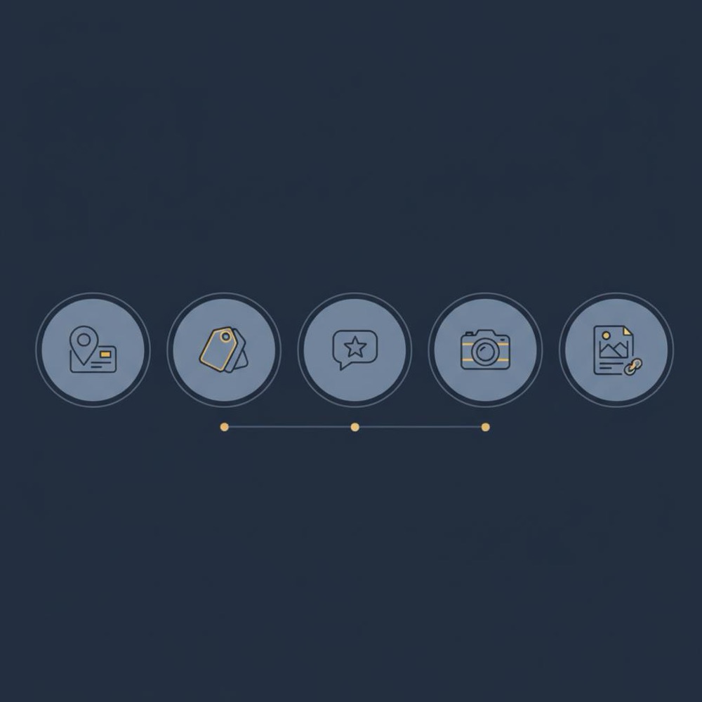 Minimal 2D vector GBP triage checklist showing five icons for NAP, categories, reviews, photos, citations on dark navy background - how to rank gmb fast