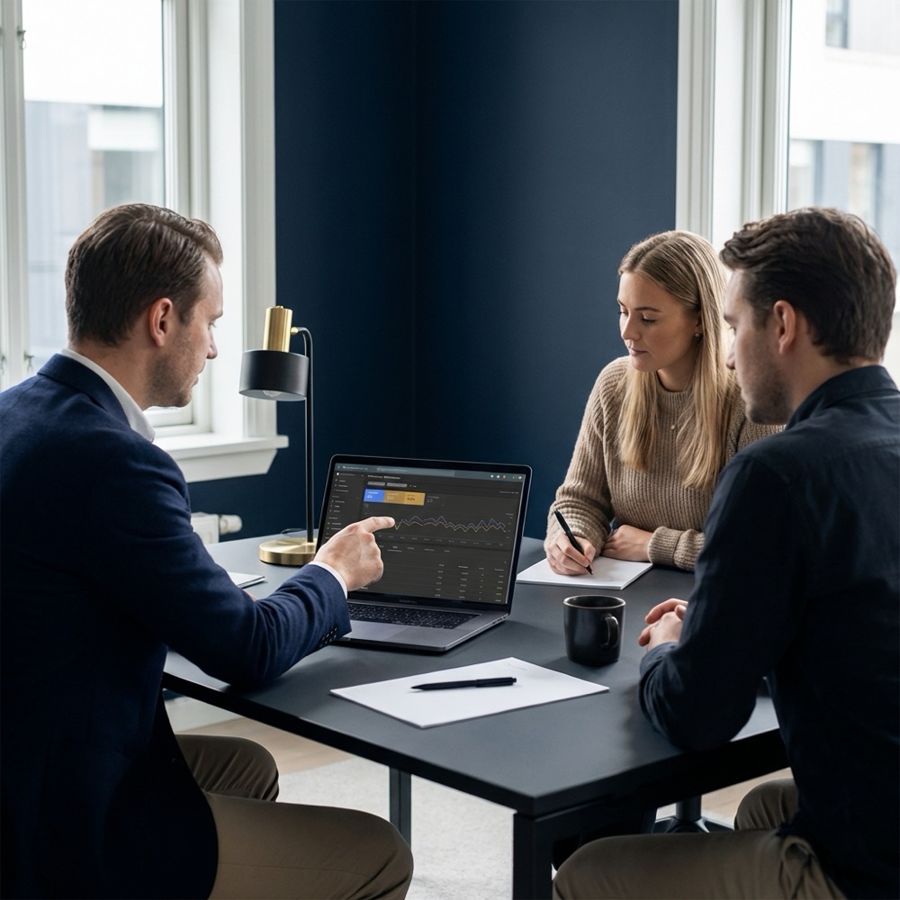 Small team of three reviewing search console data on a laptop in a minimalist navy office focused on longtail seo insights