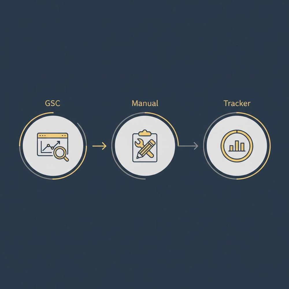 Minimal 2D vector infographic showing a three-step workflow from GSC to manual review to tracker, illustrating how to check google ranking for my website