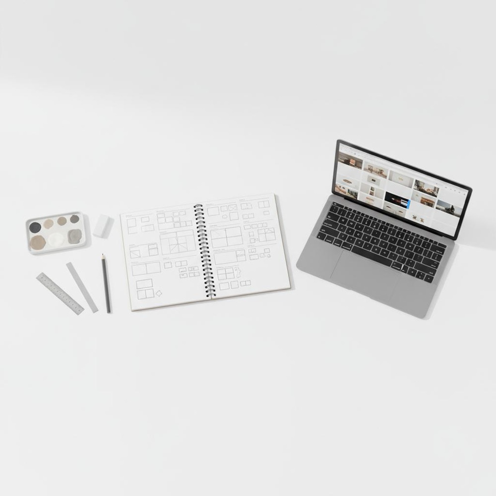 Minimal artist workspace with open sketchbook of thumbnail layouts, muted palette, and laptop portfolio highlighted in #1a5bfb - concept for artists leaving Instagram