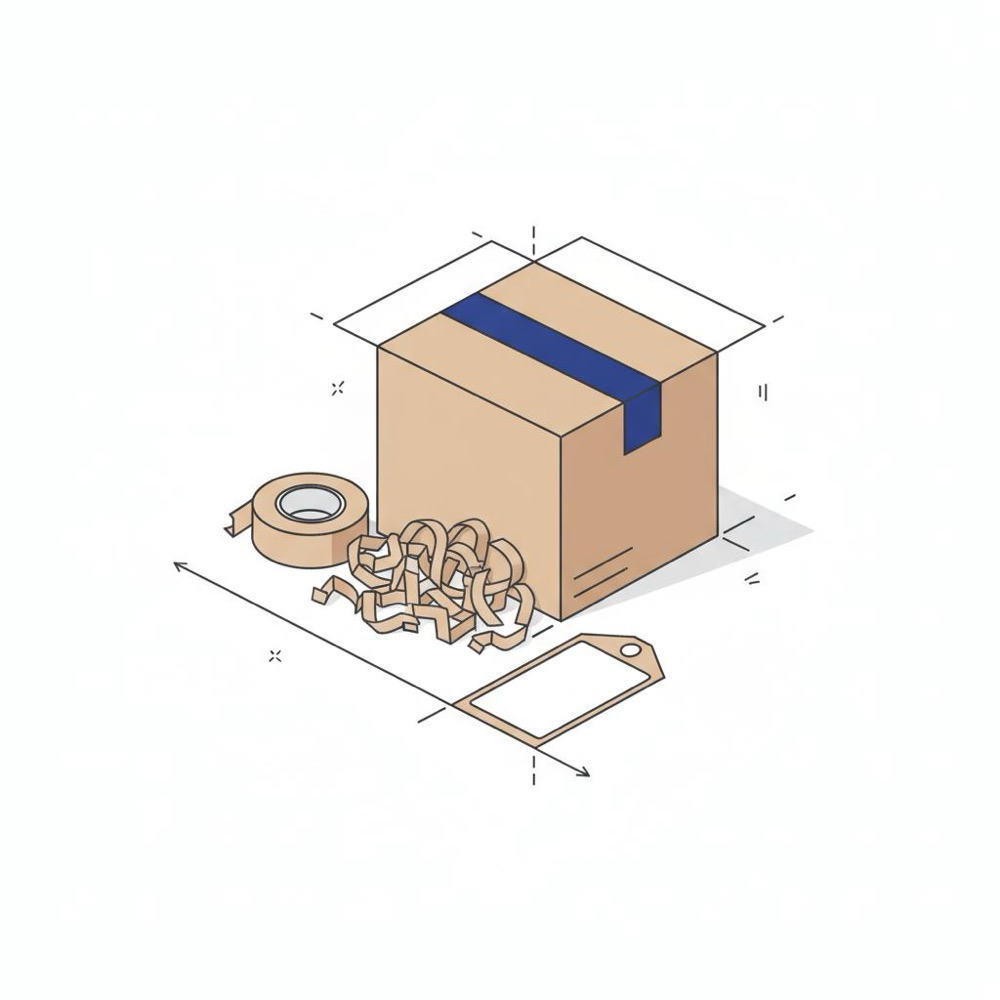 Is there a fee to sell on Nextdoor? Minimalist 2D vector close-up of a kraft shipping box, eco-friendly filler, roll of tape and blank label with blue accent and dark-gray shadows on white.